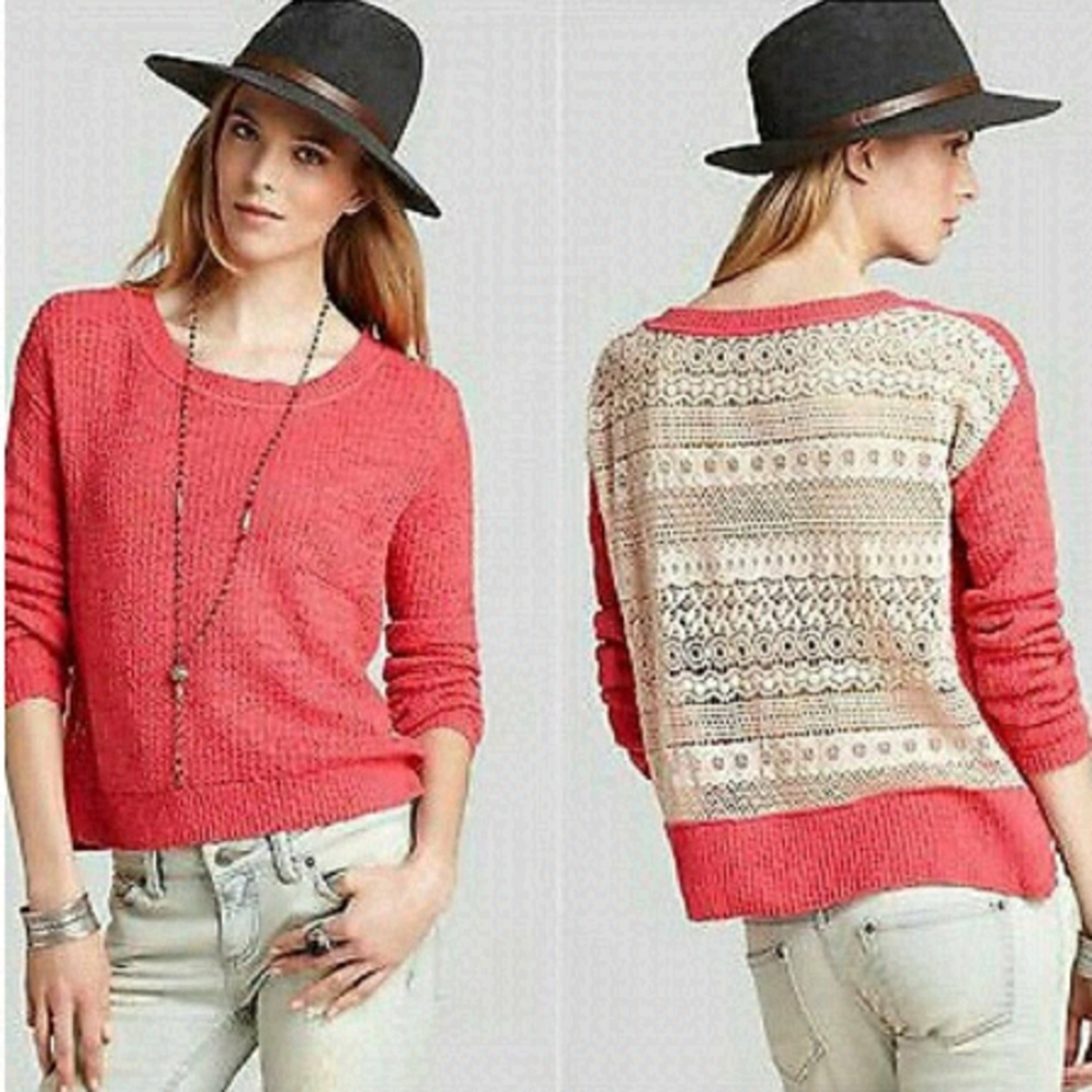 Free People Coral and Cream Sweater
